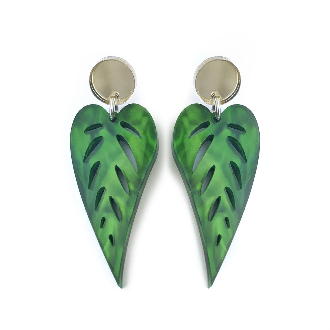 Leaves Drop Earrings Marbled Green - Mikmat Designs