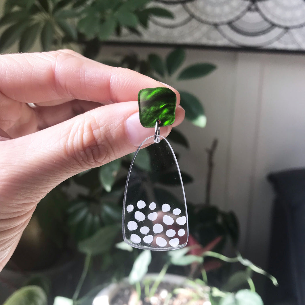 Freckle Earrings Etched Clear Acrylic Marble Green Top - Mikmat Designs