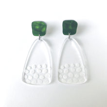 Load image into Gallery viewer, Freckle Earrings Etched Clear Acrylic Marble Green Top - Mikmat Designs
