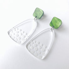 Load image into Gallery viewer, Freckle Earrings Etched Clear Acrylic Marble Green Top - Mikmat Designs
