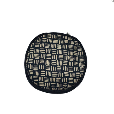 Round Jewellery Roll in Black Dashed Linen - Mikmat Designs