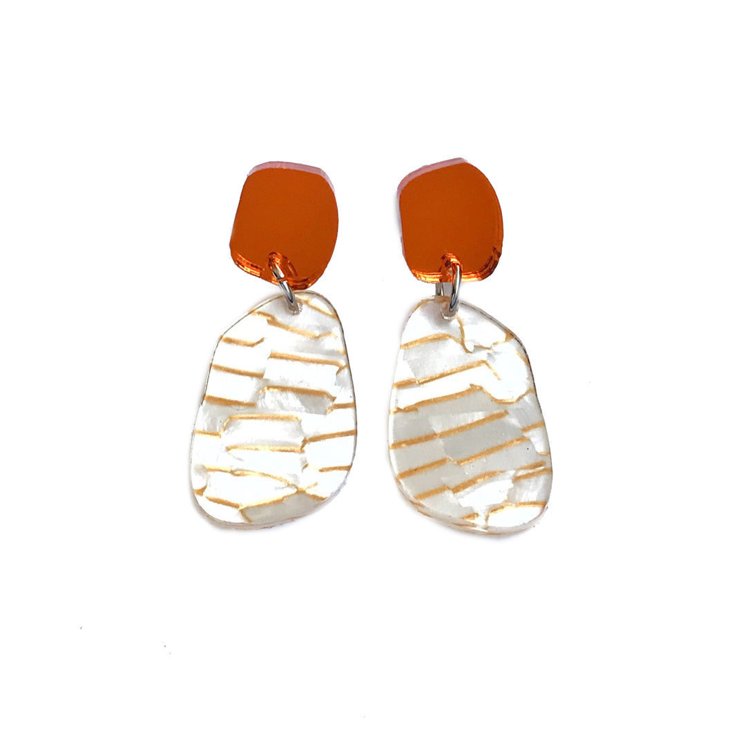 Stone Drop Earrings in Orange Mirror and Gold Fleck
